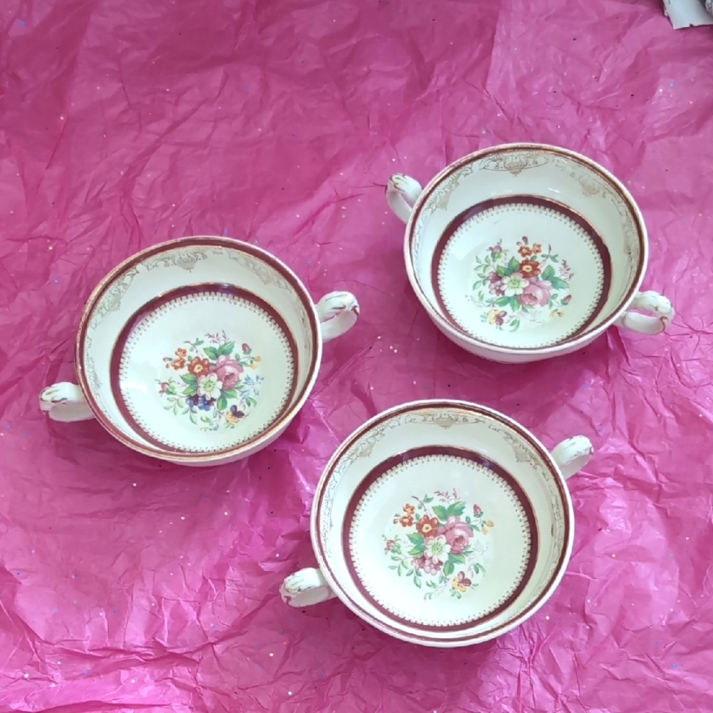Set Of 3 Floral Porcelain Soup Bowls with Handles
